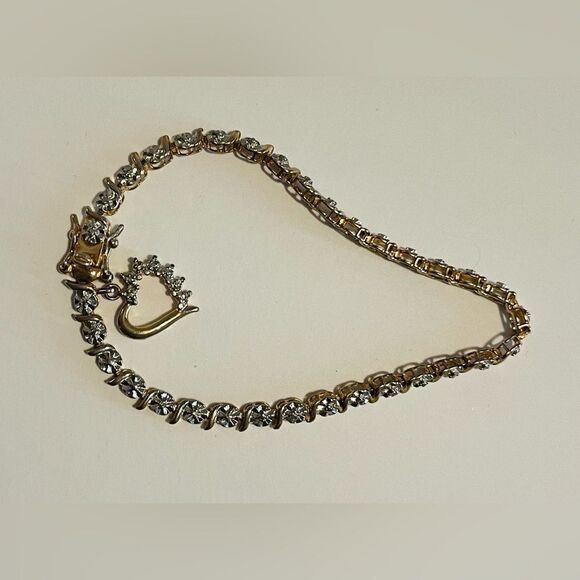Gold over sterling silver Tennis bracelet with heart charm. - Picture 1 of 4